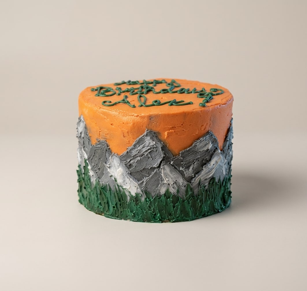 Round birthday cake with orange sky, grey mountain palette-knife buttercream, dark green forest base, and Happy Birthday Alex lettering.