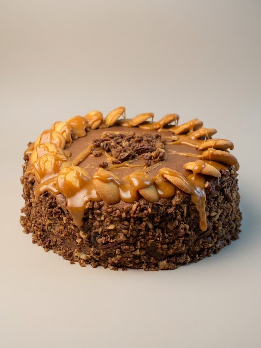 Round cake with caramel frosting, vanilla wafer border, nut crumble sides, and praline-style topping.