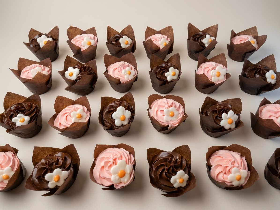 Grid of cupcakes with chocolate and pink buttercream swirls, each topped with a small white blossom.