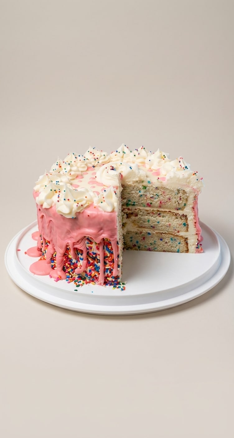 Three-layer funfetti cake with white frosting, pink drip, and rainbow sprinkles.