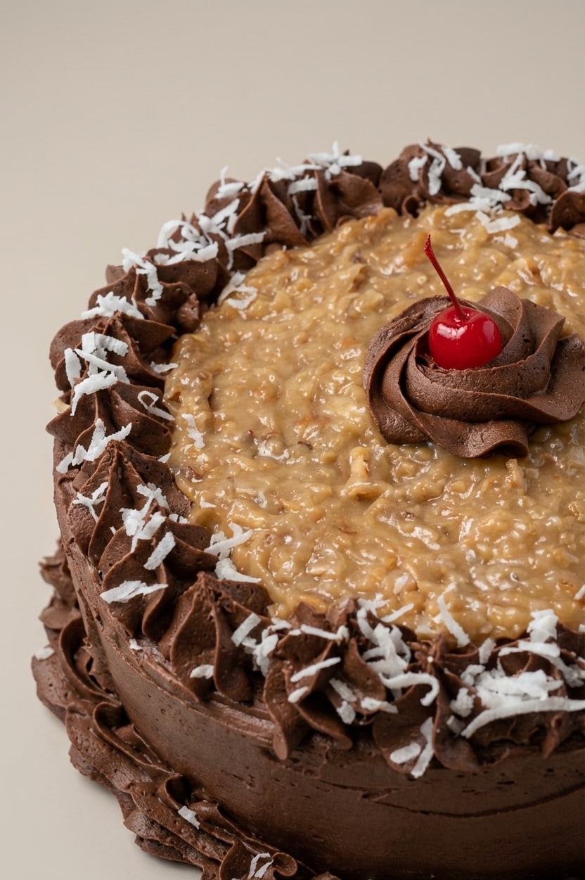 German chocolate cake with coconut-pecan topping, chocolate rosettes, and a cherry center.