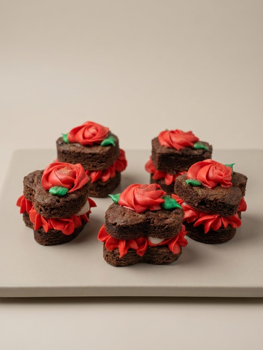 Heart-shaped brownie sandwiches with red buttercream roses and green leaf accents on a neutral matte surface.