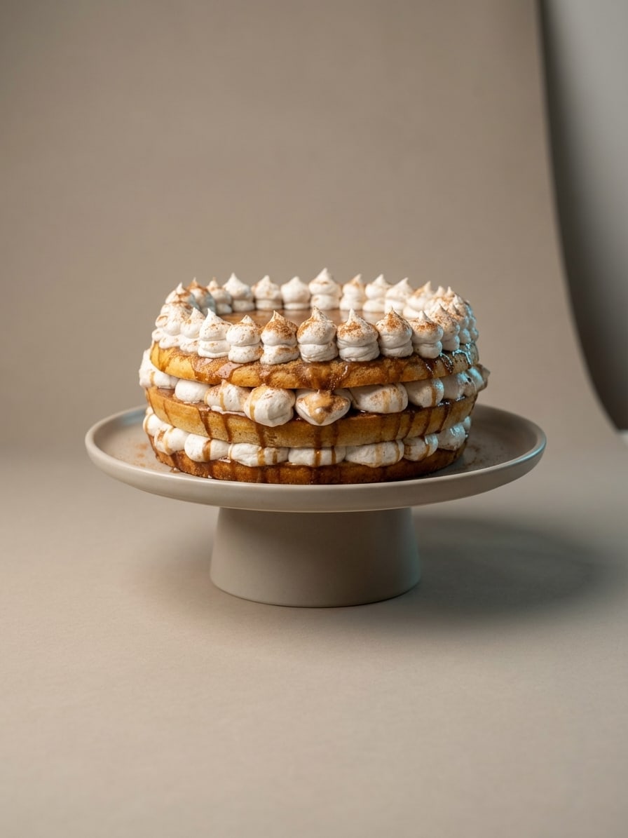 Three-layer cake with white frosting dollops, cinnamon dusting, and glossy caramel drizzle on a neutral cake stand.