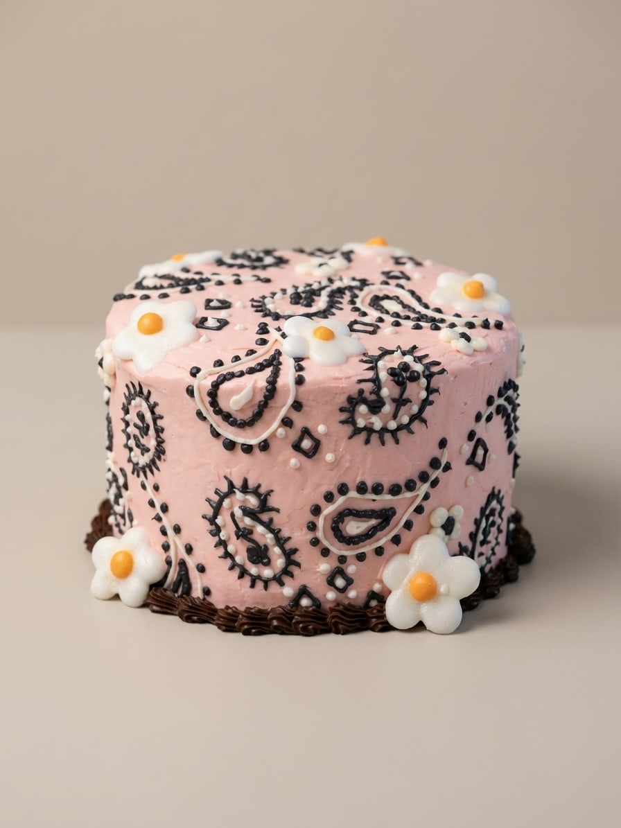 Side view of a blush pink buttercream cake with paisley piping, white floral accents, and scalloped chocolate base trim.