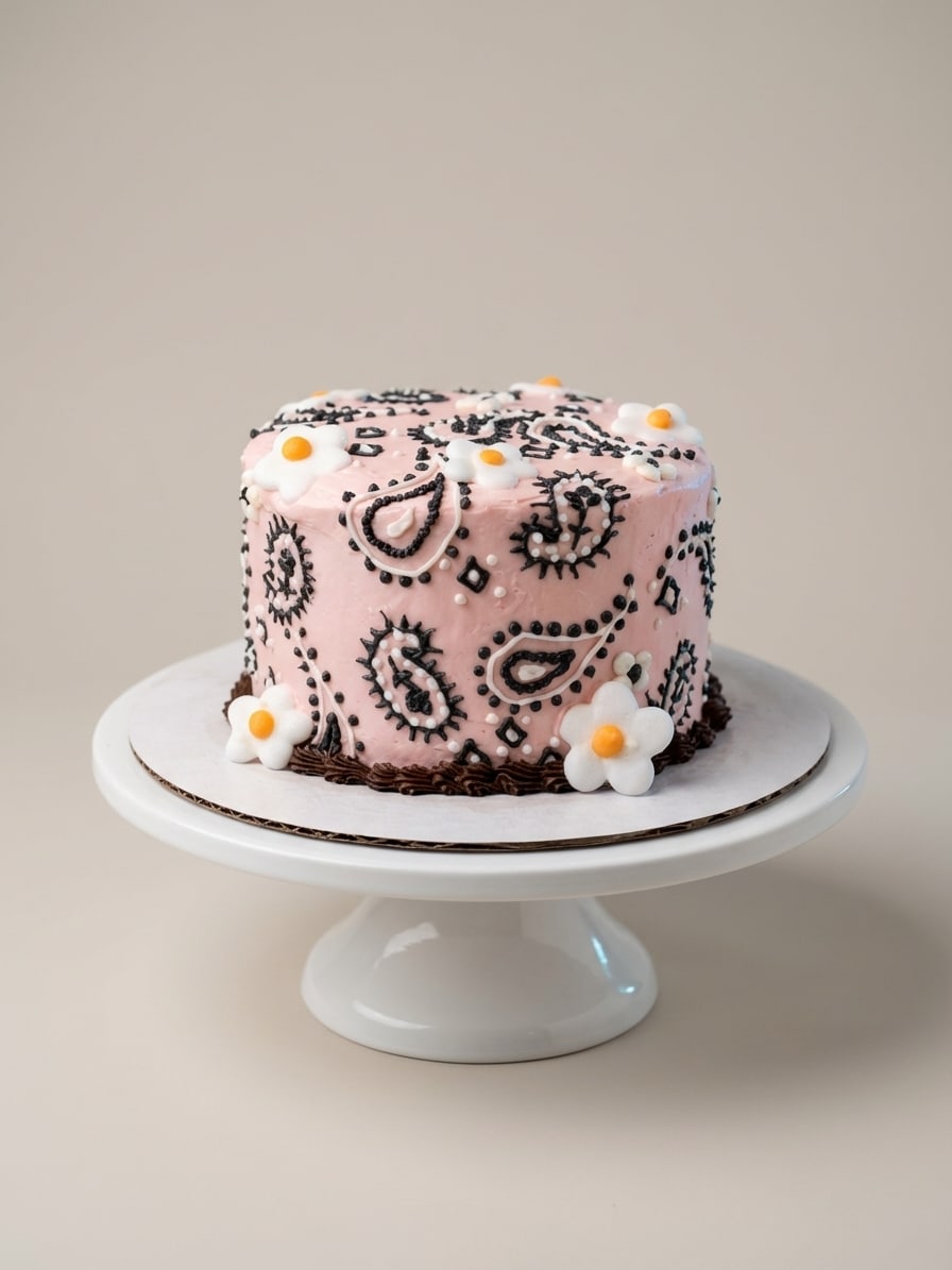 Single-tier blush pink cake with hand-piped black and white paisley pattern, sugar daisies, and chocolate shell border.