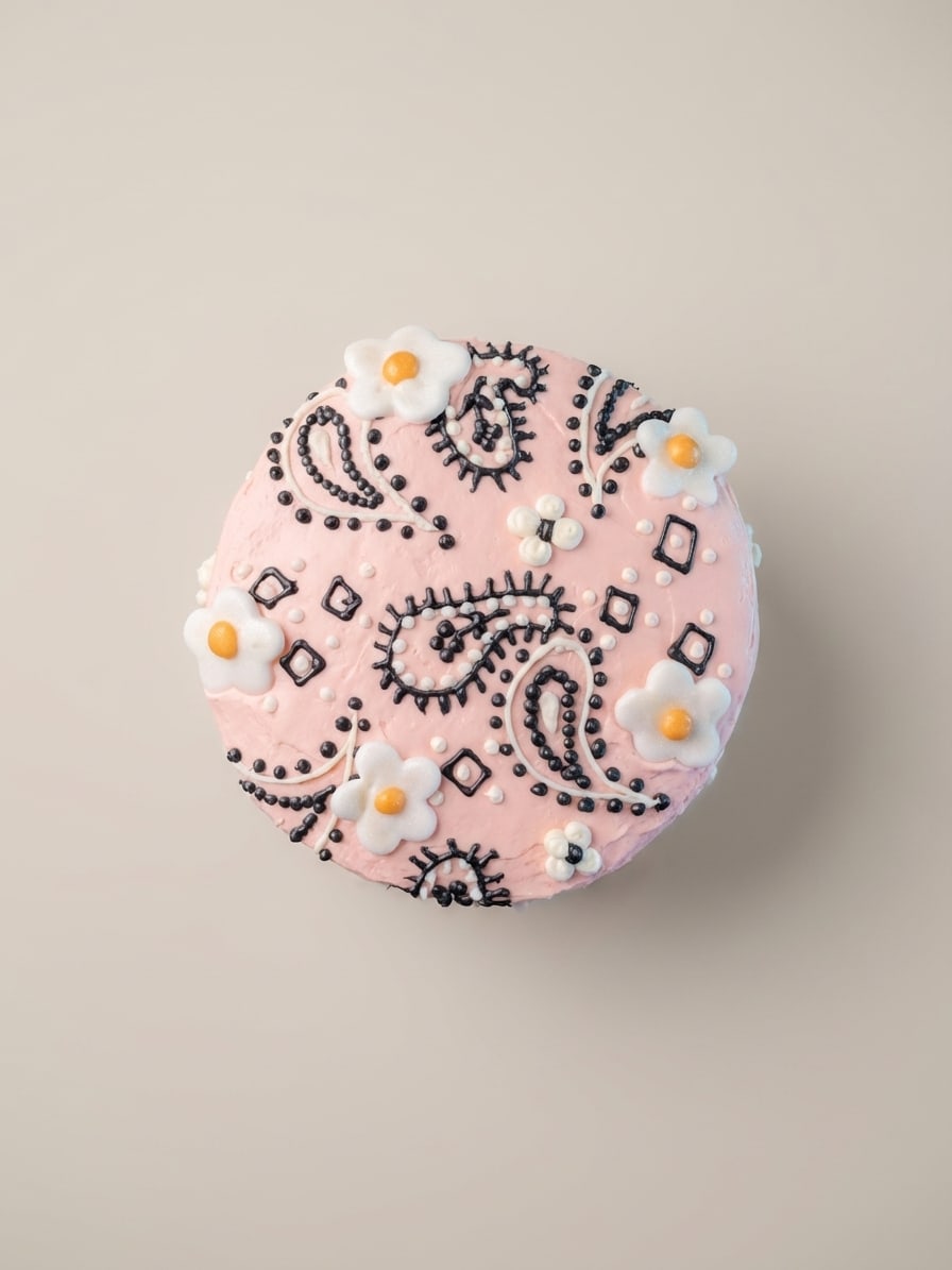 Top view of a round cake with pastel pink frosting, dotted black-and-white paisley, and white blossom accents.