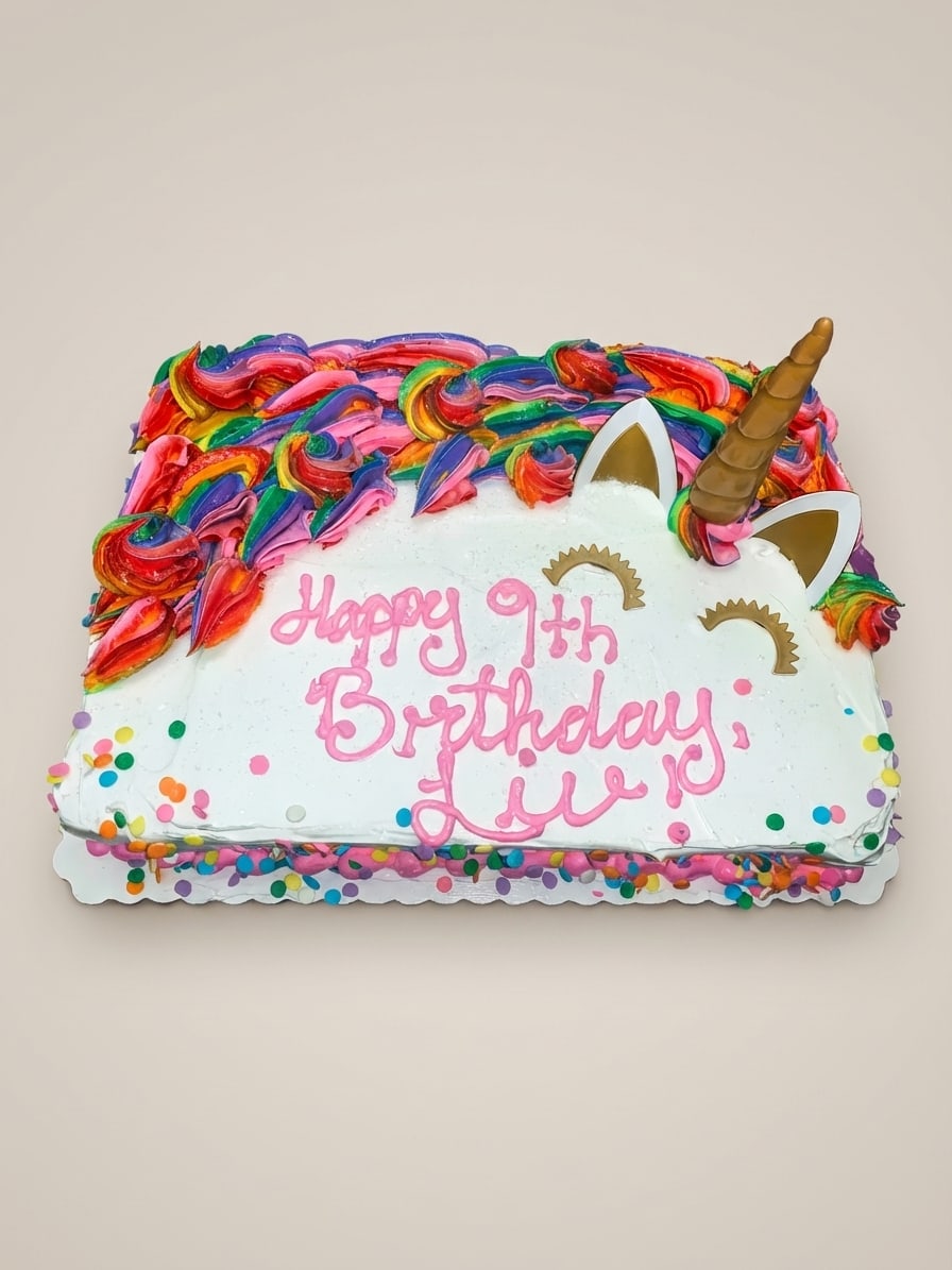 Custom sheet cake with rainbow buttercream mane, gold horn and ears, confetti sprinkles, and piped birthday message.